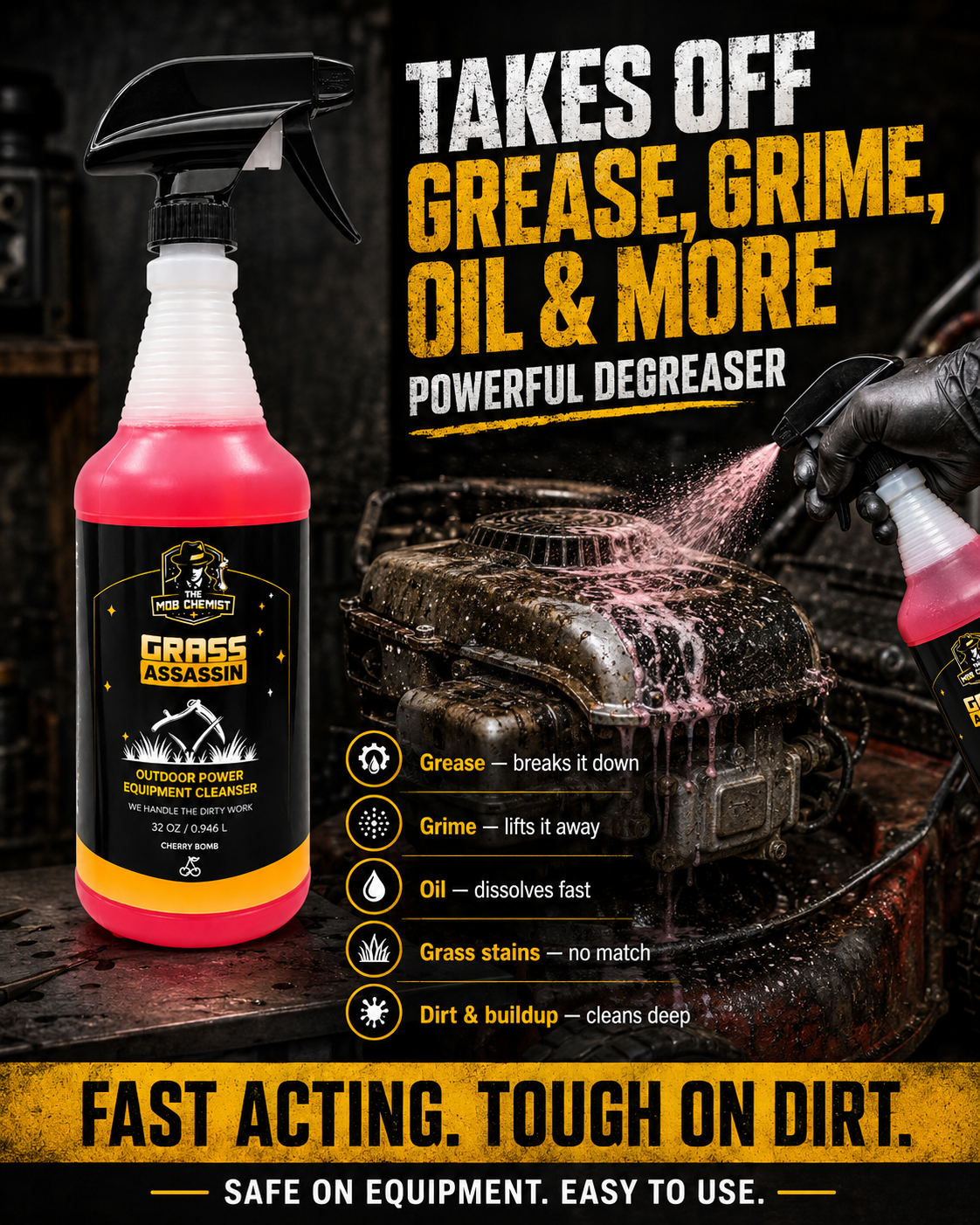 A bottle of Grass Assassin Degreaser with pink liquid and a black spray trigger top, shown next to a gloved hand spraying a dirty engine block in a workshop setting. Text highlights grease, grime, oil, and dirt removal.