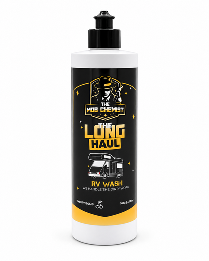 A white plastic bottle of The Mob Chemist 'The Long Haul' RV Wash with a black and yellow label, shown on a solid white background.